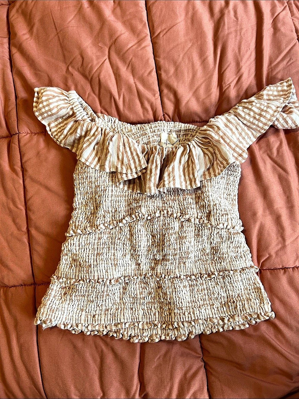 Anthropologie Striped Ruffle Crop Top Tan & White Medium Like New